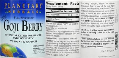 Photo of the Planetary Herbals Full Spectrum Goji Berry 700 mg label