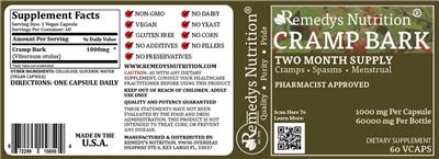 Photo of the Remedys Nutrition Cramp Bark 1000 mg label