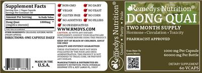 Photo of the Remedys Nutrition Dong Quai 1000 mg label