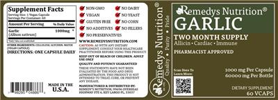 Photo of the Remedys Nutrition Garlic 1000 mg label