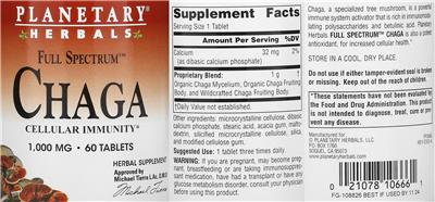 Photo of the Planetary Herbals Full Spectrum Chaga 1,000 mg label