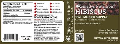 Photo of the Remedys Nutrition Hibiscus 1000 mg label