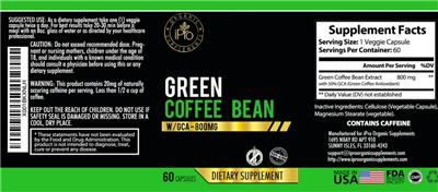 Photo of the iPro Organic Supplements Green Coffee Bean w/GCA 800 mg label