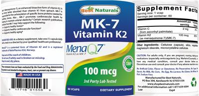 Photo of the Best Naturals MK-7 Vitamin K2 100 mcg label
