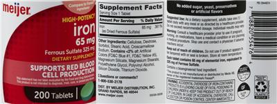 Photo of the Meijer Iron 65 mg label