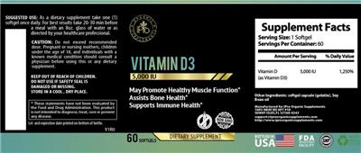 Photo of the iPro Organic Supplements Vitamin D3 5,000 IU label