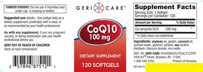 Photo of the Geri-Care CoQ10 100 mg label