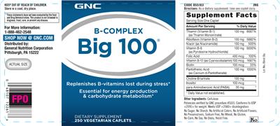 Photo of the GNC B-Complex Big 100 label