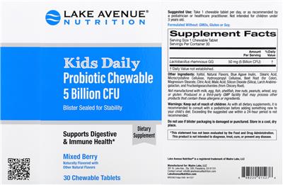 Label of Kids Daily Probiotic Chewable 5 Billion CFU Mixed Berry