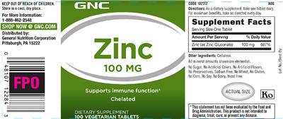 Photo of the GNC Zinc 100 mg label