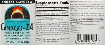 Photo of the Source Naturals Ginkgo-24 120 mg label