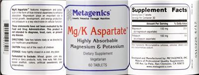 Photo of the Metagenics Mg/K Aspartate label