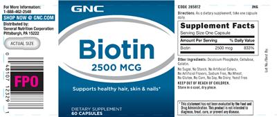 Photo of the GNC Biotin 2500 mcg label