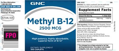 Photo of the GNC Methyl B-12 2500 mcg label