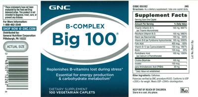 Photo of the GNC B-Complex Big 100 label