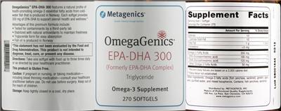 Photo of the Metagenics OmegaGenics EPA-DHA 300 label