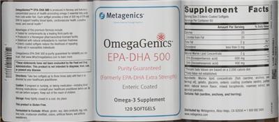Photo of the Metagenics OmegaGenics EPA-DHA 500 label