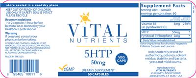 Photo of the Vital Nutrients 5HTP 50 mg label