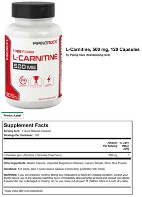Photo of the PipingRock L-Carnitine 500 mg label