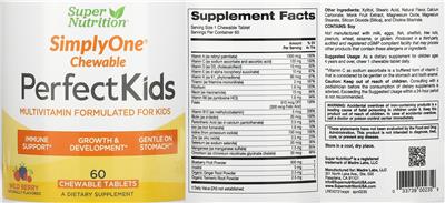 Photo of the SuperNutrition SimplyOne Chewable Perfect Kids Wild Berry label