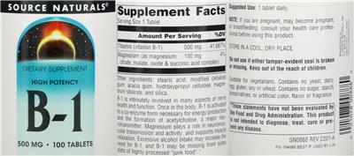 Photo of the Source Naturals High Potency B-1 500 mg label