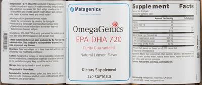 Photo of the Metagenics OmegaGenics EPA-DHA 720 Natural Lemon Flavor label