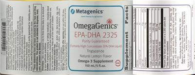 Photo of the Metagenics OmegaGenics EPA-DHA 2325 Natural Lemon Flavor label