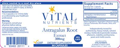 Photo of the Vital Nutrients Astragalus Root Extract 300 mg label