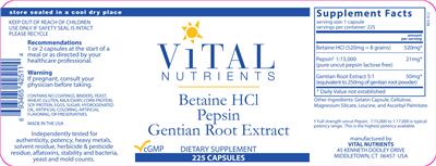 Photo of the Vital Nutrients Betaine HCl Pepsin Gentian Root Extract label