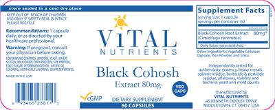 Photo of the Vital Nutrients Black Cohosh Extract 80 mg label