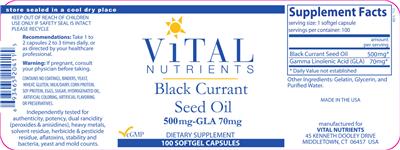 Photo of the Vital Nutrients Black Currant Seed Oil 500 mg-GLA 70 mg label