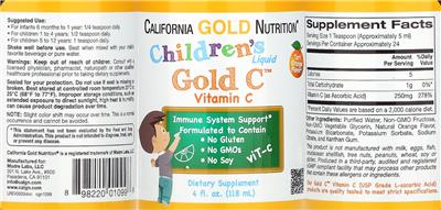 Photo of the California Gold Nutrition Children's Liquid Gold C Tart Orange Flavor! label