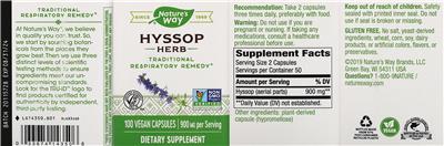 Photo of the Nature's Way Hyssop Herb 900 mg label