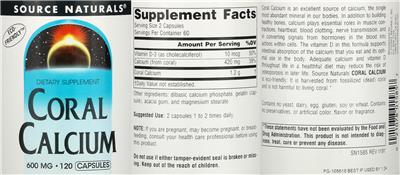 Photo of the Source Naturals Coral Calcium 600 mg label