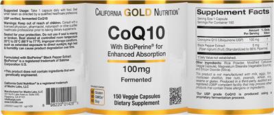 Photo of the California Gold Nutrition CoQ10 100 mg wtih BioPerine label