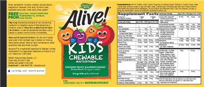 Photo of the Nature's Way Alive! Kids Chewable Multivitamin Orange & Berry Fruit Flavored label
