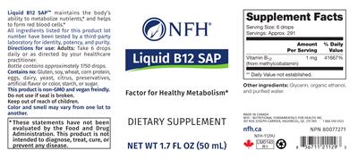Photo of the NFH Liquid B12 SAP label