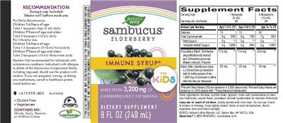 Product label for Sambucus Elderberry Immune Syrup For Kids 