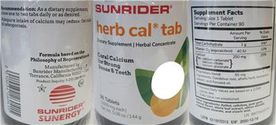 Product label for Herb Cal Tab