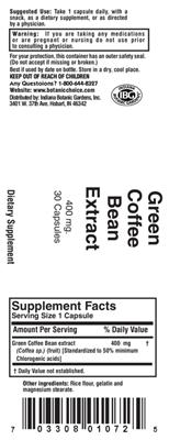 Photo of the Indiana Botanic Gardens Green Coffee Bean Extract 400 mg label