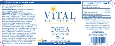 Photo of the Vital Nutrients DHEA (Micronized) 25 mg label