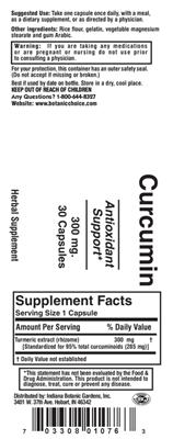 Photo of the Indiana Botanic Gardens Curcumin 300 mg label
