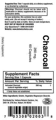 Photo of the Indiana Botanic Gardens Charcoal 260 mg label
