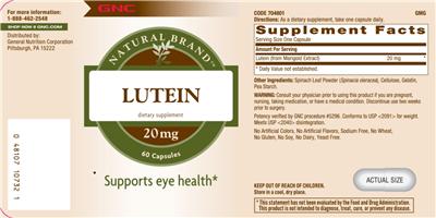 Photo of the GNC Natural Brand Lutein 20 mg label