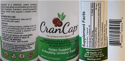 Photo of the KE Health CranCap label