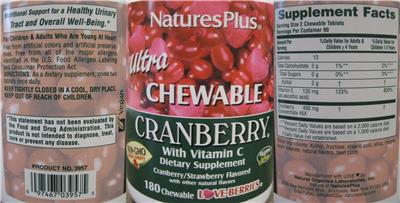 Photo of the Nature's Plus Ultra Chewable Cranberry with Vitamin C Cranberry/Strawberry Flavored label