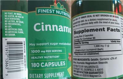 Photo of the Finest Nutrition Cinnamon 1000 mg label