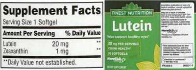 Photo of the Finest Nutrition Lutein 20 mg label