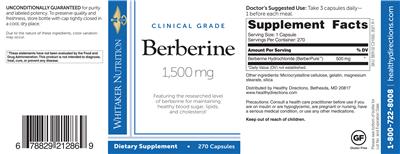 Photo of the Whitaker Nutrition Clinical Grade Berberine 1,500 mg label