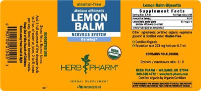 Photo of the Herb Pharm Lemon Balm Alcohol-Free label